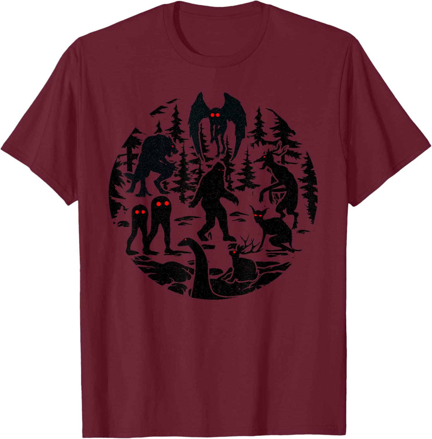 Bigfoot Loch Ness Monster Mothman And Others! Funny Cryptid T-Shirt - T-Shirt | Maroon