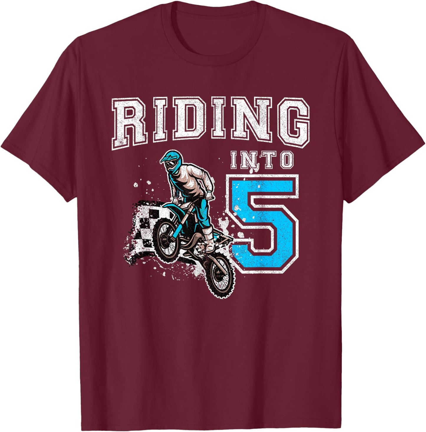 Riding Into 5 Years Old 5th Birthday Boy Dirt Bike Party T-Shirt - T-Shirt | Maroon