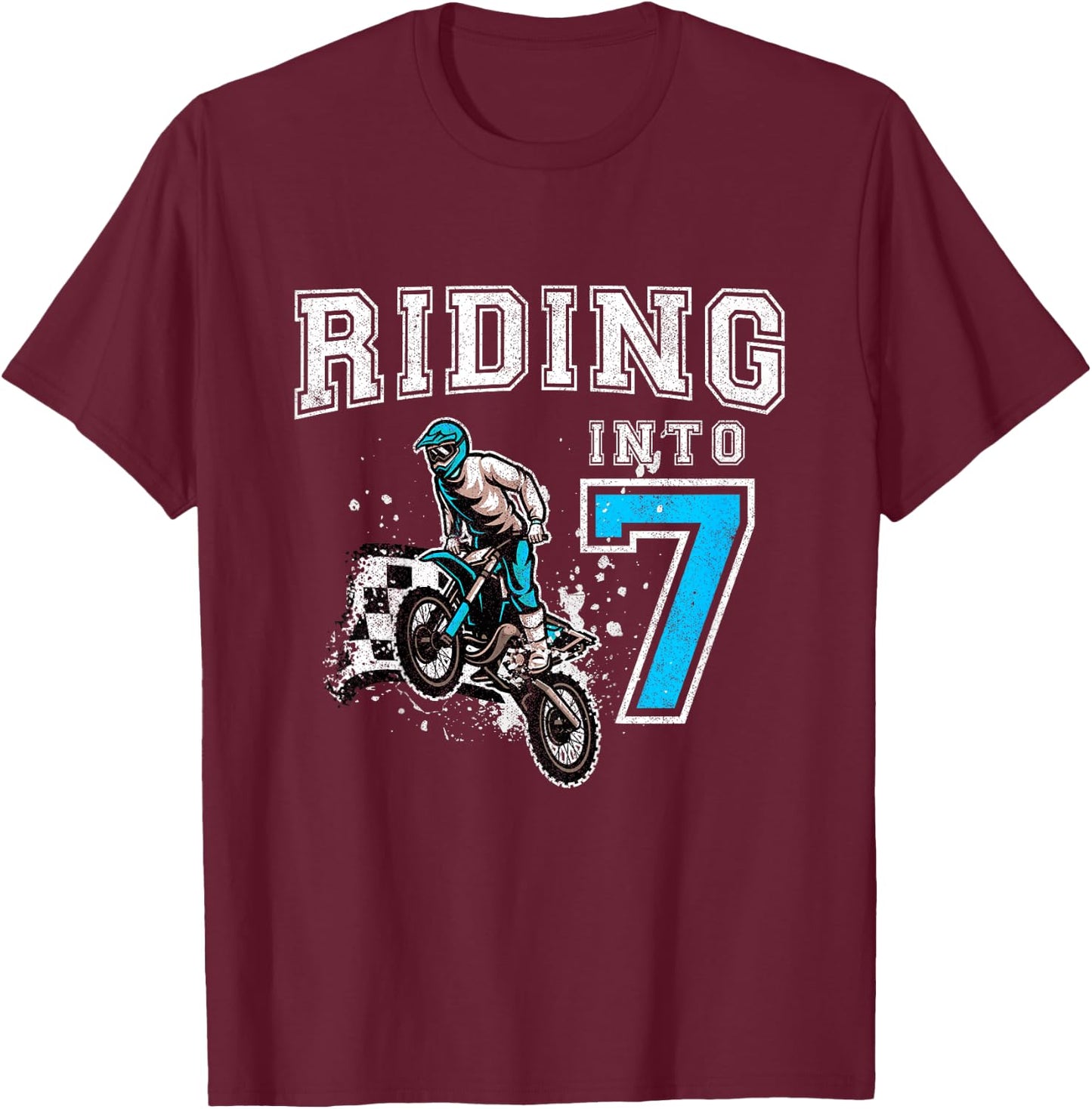 Kids Riding Into 7 Years Old 7th Birthday Boy Dirt Bike Party T-Shirt - T-Shirt | Maroon