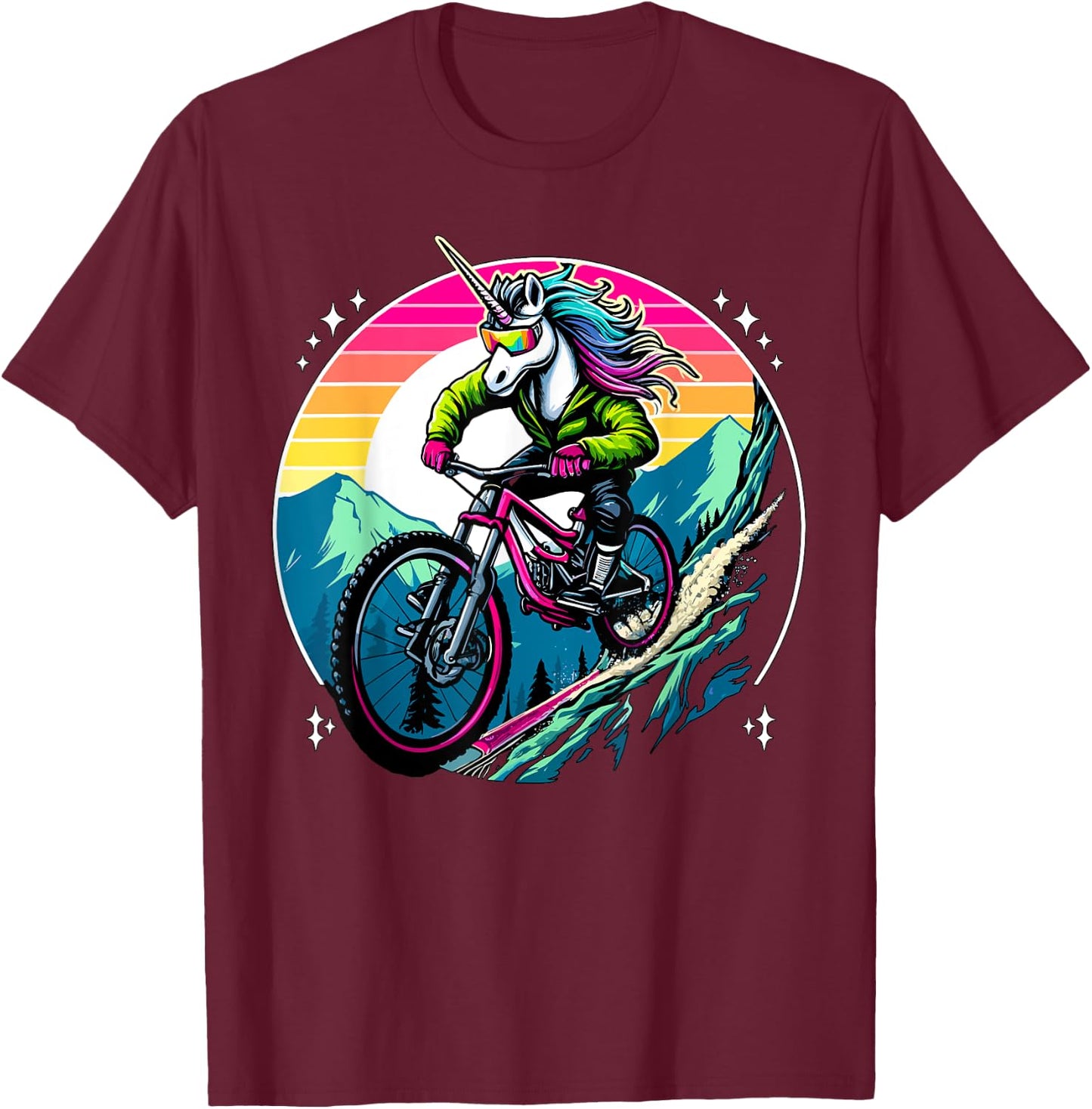 Unicorn Mountain Bike Adventure Fantasy Colorful Sunset T-Shirt - T-Shirt | Maroon