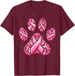 Pink Ribbon Dog Paw Print Breast Cancer Awareness Puppy Love T-Shirt - T-Shirt | Maroon
