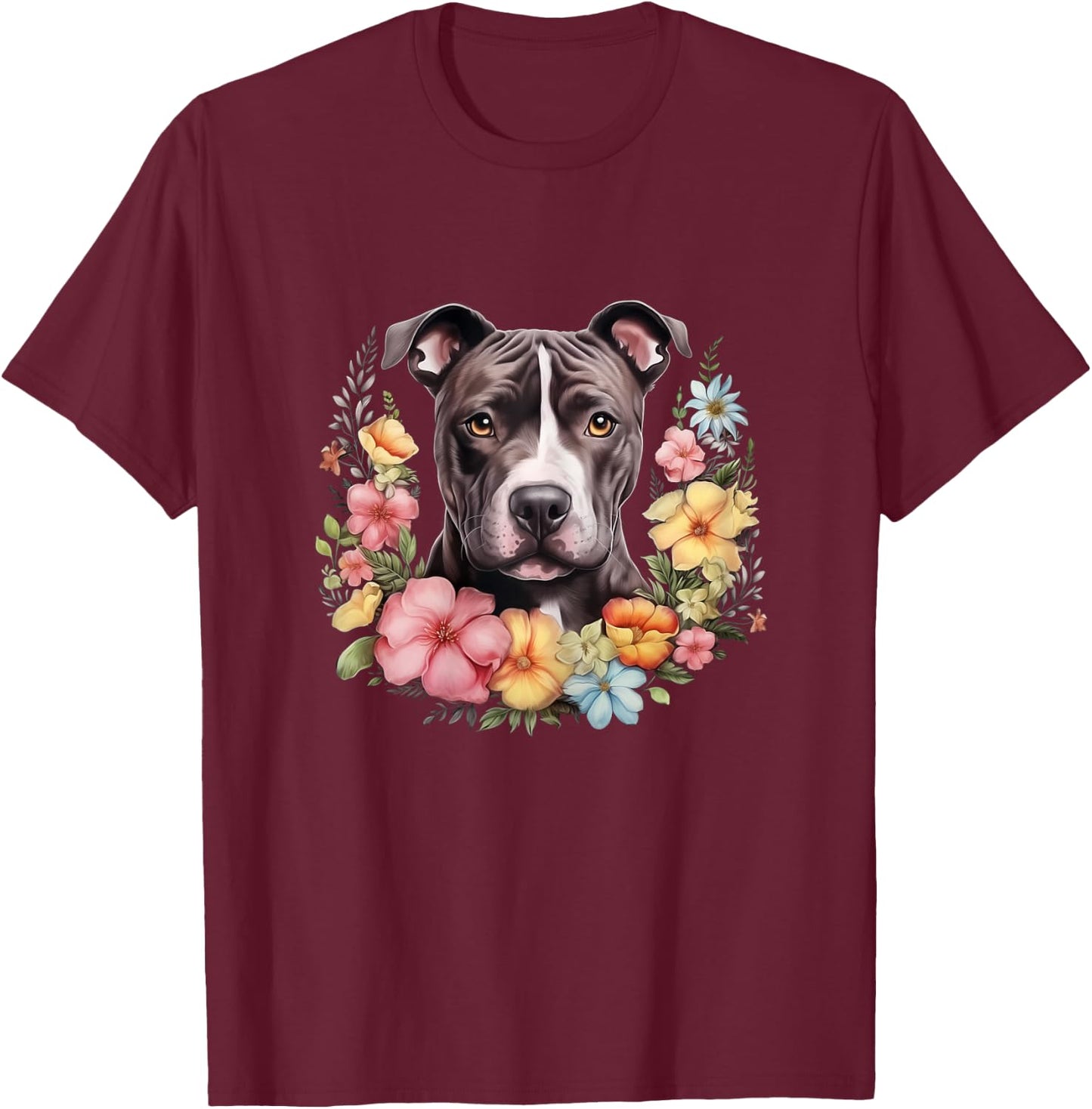 Pitbull Mom Floral Dog Lover Vintage Flowers Cute T-Shirt - T-Shirt | Maroon