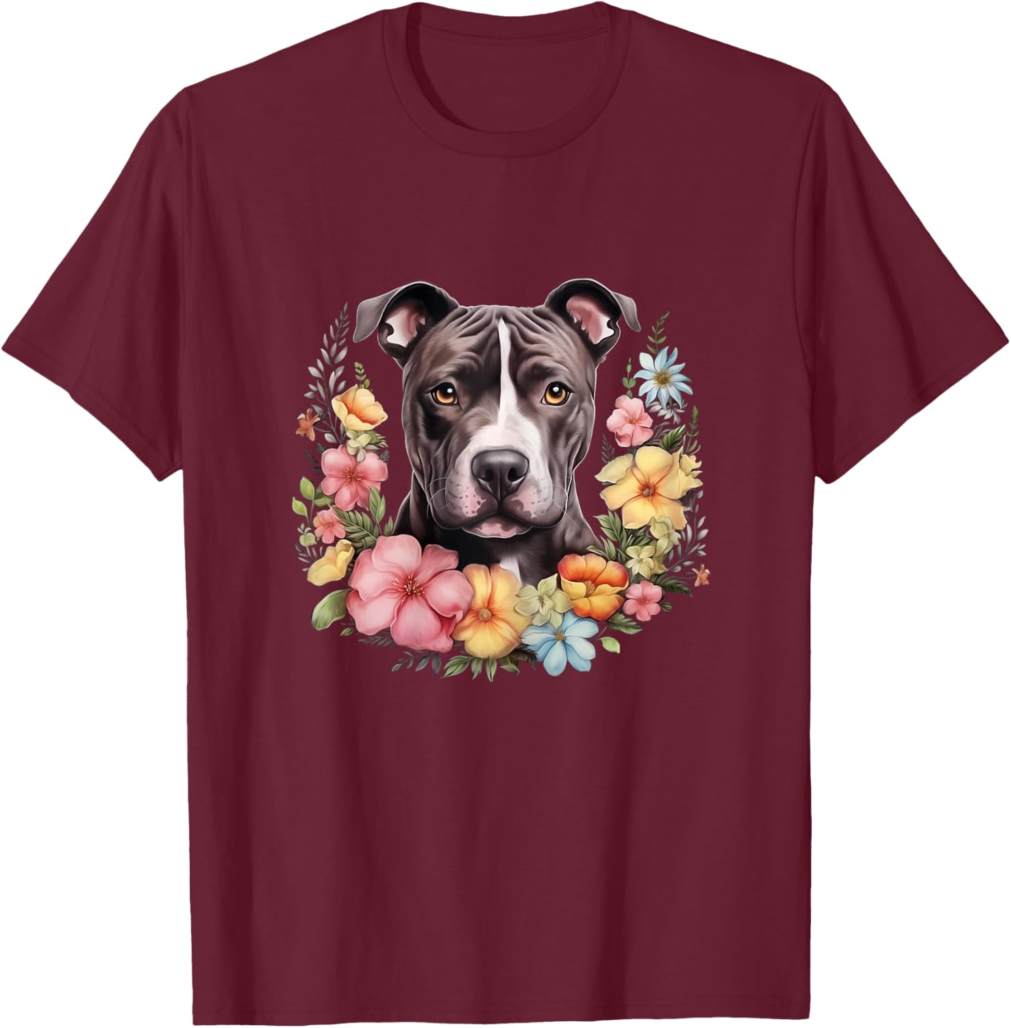 Pitbull Mom Floral Dog Lover Vintage Flowers Cute T-Shirt - T-Shirt | Maroon