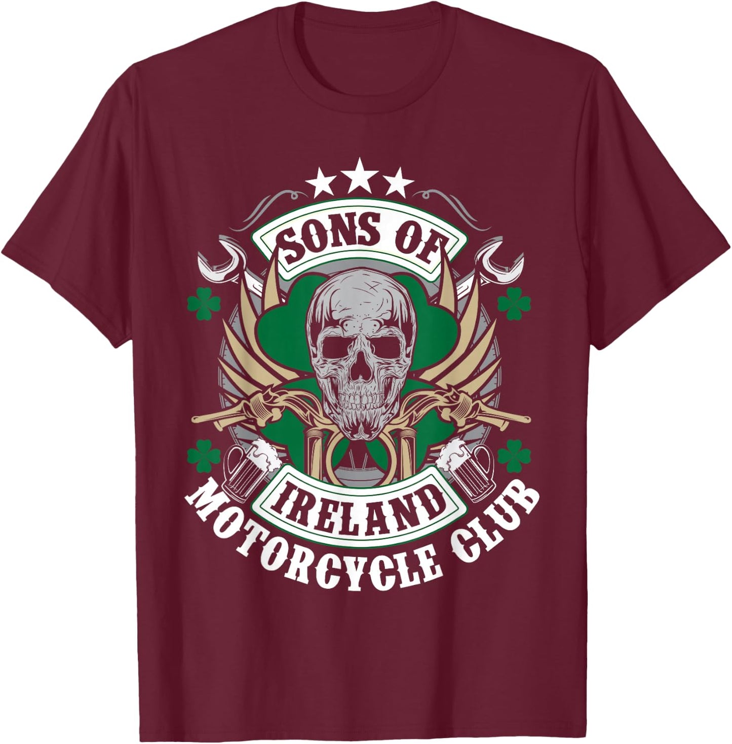 Sons Of Ireland Motorcycle Club Biker Skull T-Shirt - T-Shirt | Maroon