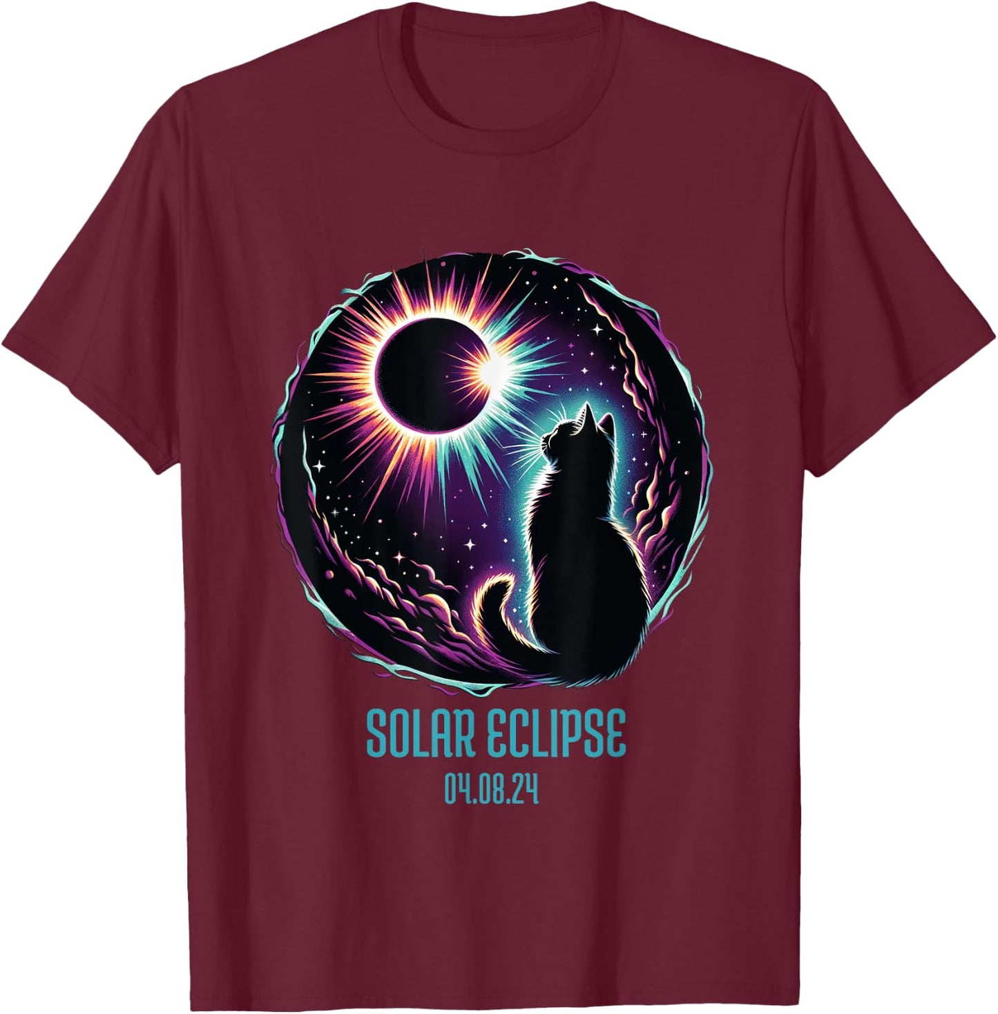 View Totality April 8 2024 Astronomy Cat Lover Solar Eclipse Men Women Girls Kids T-Shirt - T-Shirt | Maroon