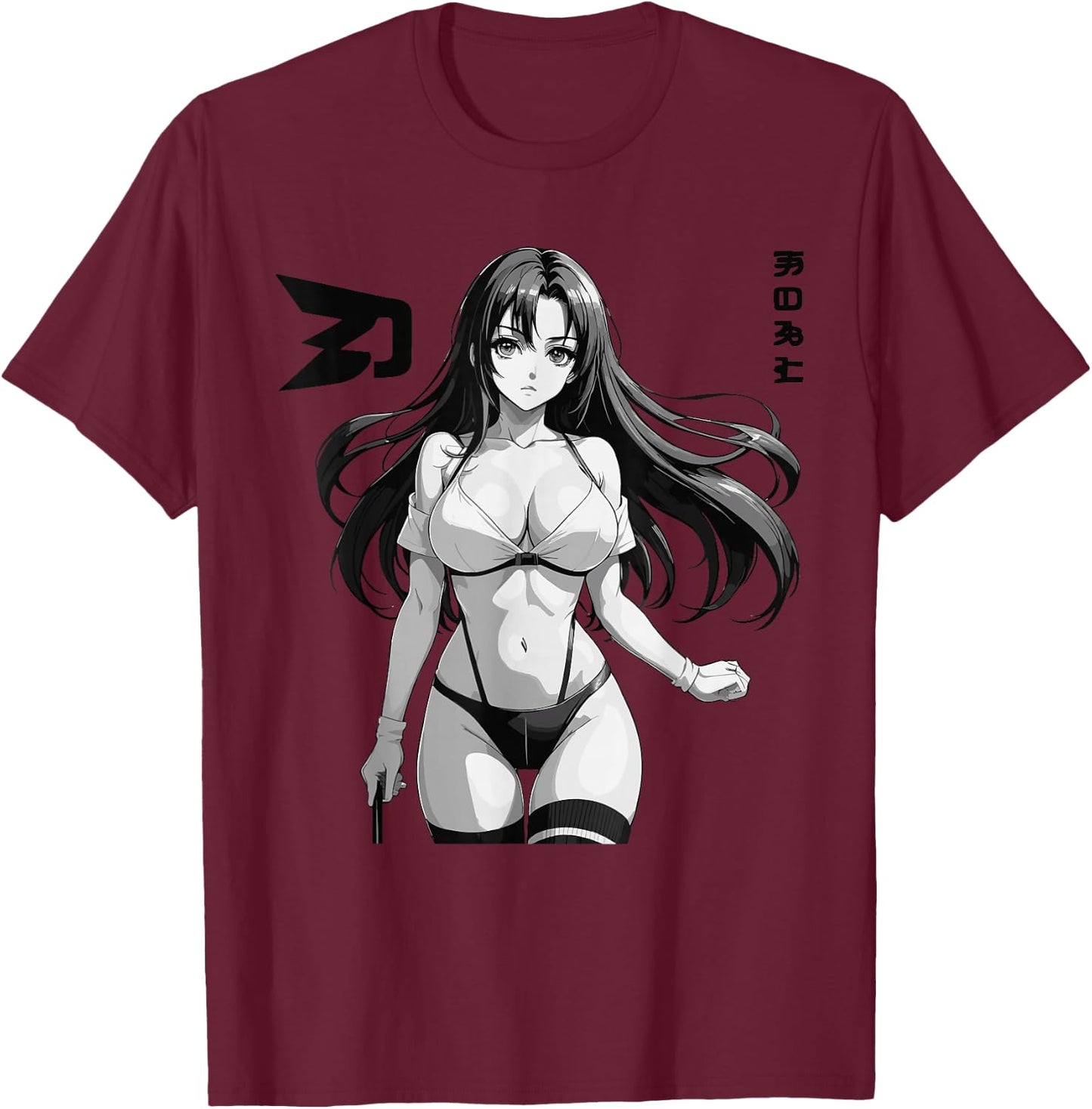 Sexy Waifu Otaku Anime Girl Japanese in Black and White Art T-Shirt - T-Shirt | Maroon