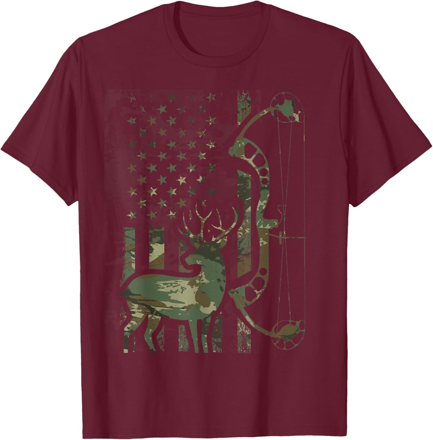 Camo American Flag Buck Hunting Men Recurve Bow Hunter T-Shirt - T-Shirt | Maroon