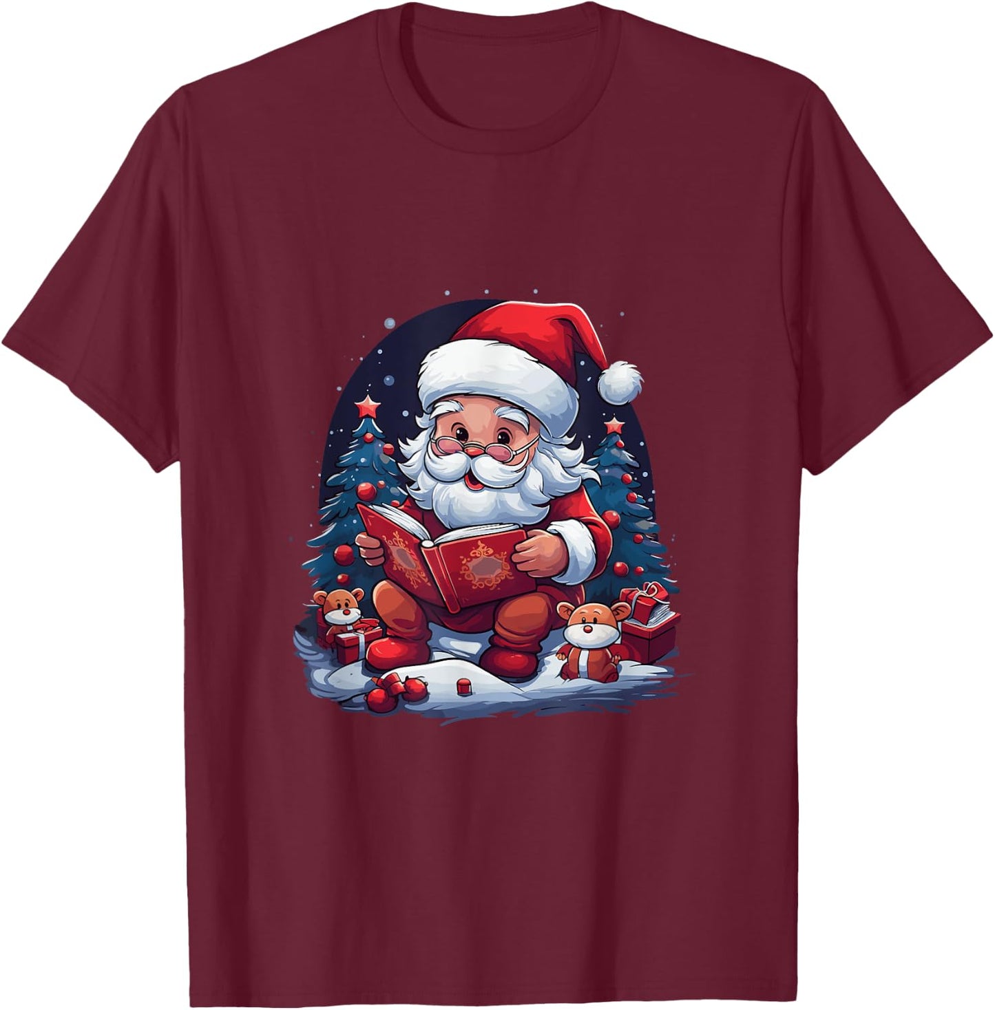Santa Claus Reading Book Christmas T-Shirt - T-Shirt | Maroon
