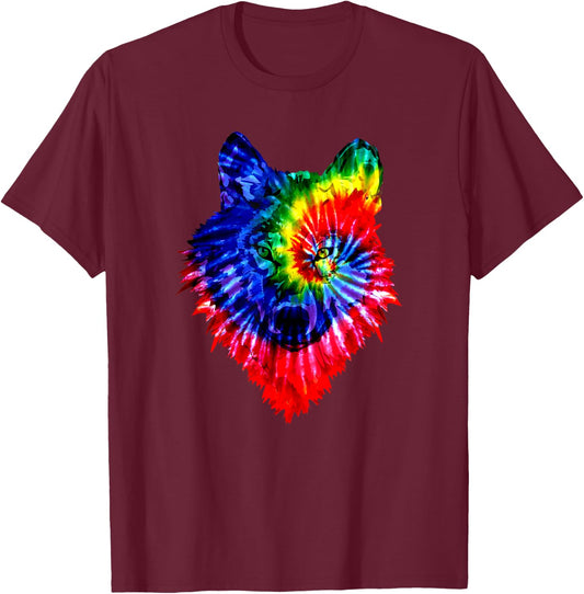 Tie Dye Wolf Wild Animal Wolves Colourful Fun Wildlife T-Shirt - T-Shirt | Maroon