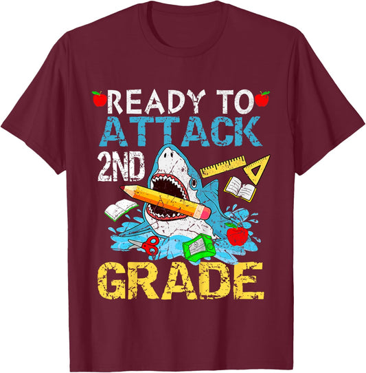 Shark Ready To Attack 2nd Grade Funny 2nd First Day School T-Shirt - T-Shirt | Maroon