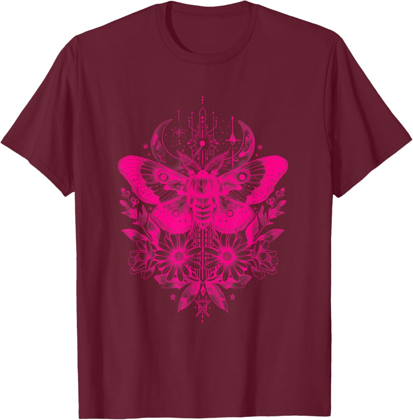 Death Moth Goth Gothic Witch Occult Wicca Hot Pink Black T-Shirt - T-Shirt | Maroon