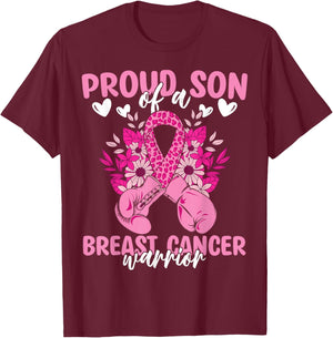 Proud Son Of A Breast Cancer Awareness Warrior Ribbon Mom T-Shirt - T-Shirt | Maroon