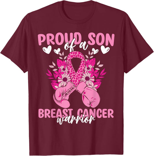 Proud Son Of A Breast Cancer Awareness Warrior Ribbon Mom T-Shirt - T-Shirt | Maroon