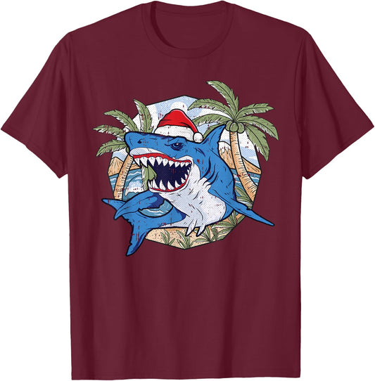 Shark Christmas In July Tropical Beach Summer Vacation Women Kids T-Shirt - T-Shirt | Maroon