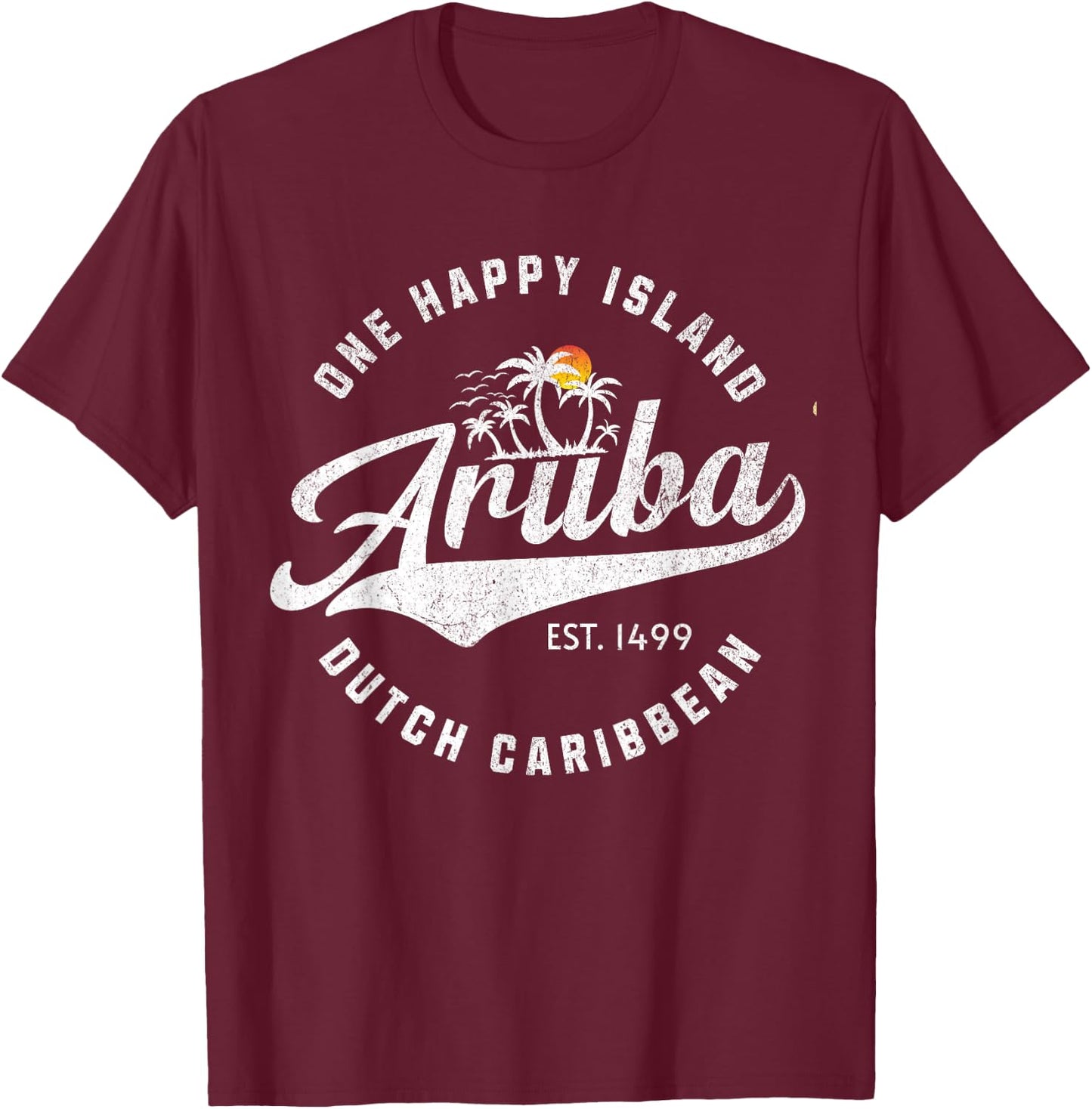 One Happy Island Aruba Script Lettering Vintage Logo Art T-Shirt - T-Shirt | Maroon