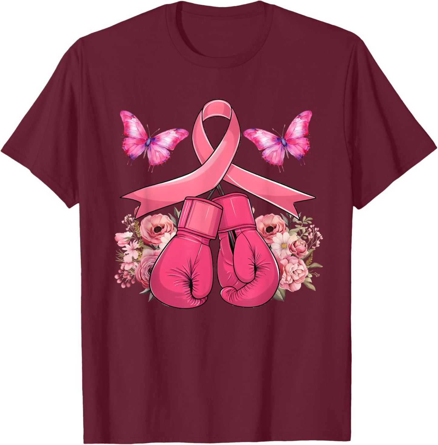 Breast Cancer Awareness Boxing Gloves Butterfly Pink Ribbon T-Shirt - T-Shirt | Maroon