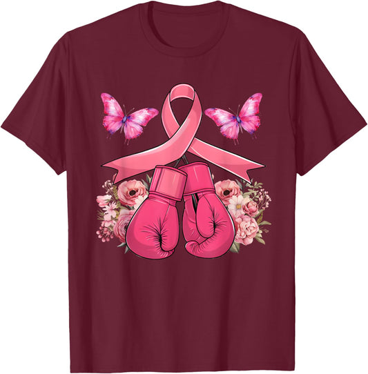 Breast Cancer Awareness Boxing Gloves Butterfly Pink Ribbon T-Shirt - T-Shirt | Maroon