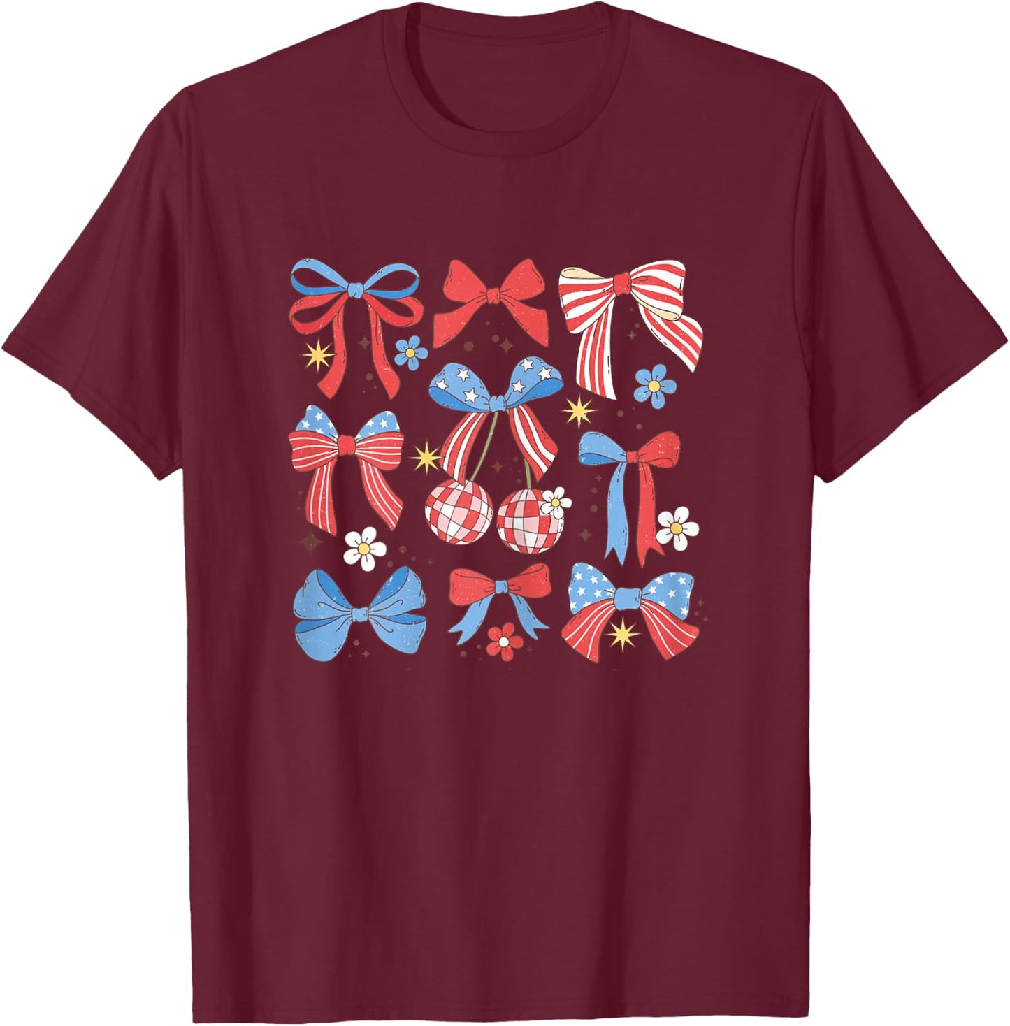 Coquette Red White & Blue Patriotic Bows Retro July 4th T-Shirt - T-Shirt | Maroon