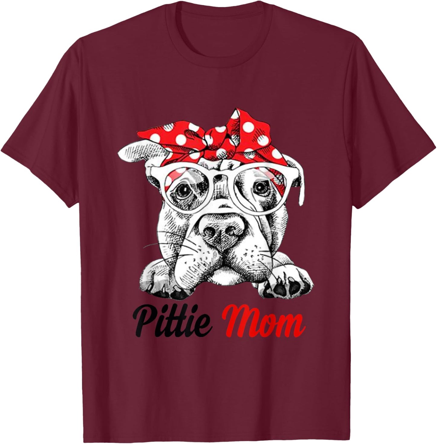 Pittie Mom With Red Bandana Headband Dog Mom Mothers Day T-Shirt - T-Shirt | Maroon