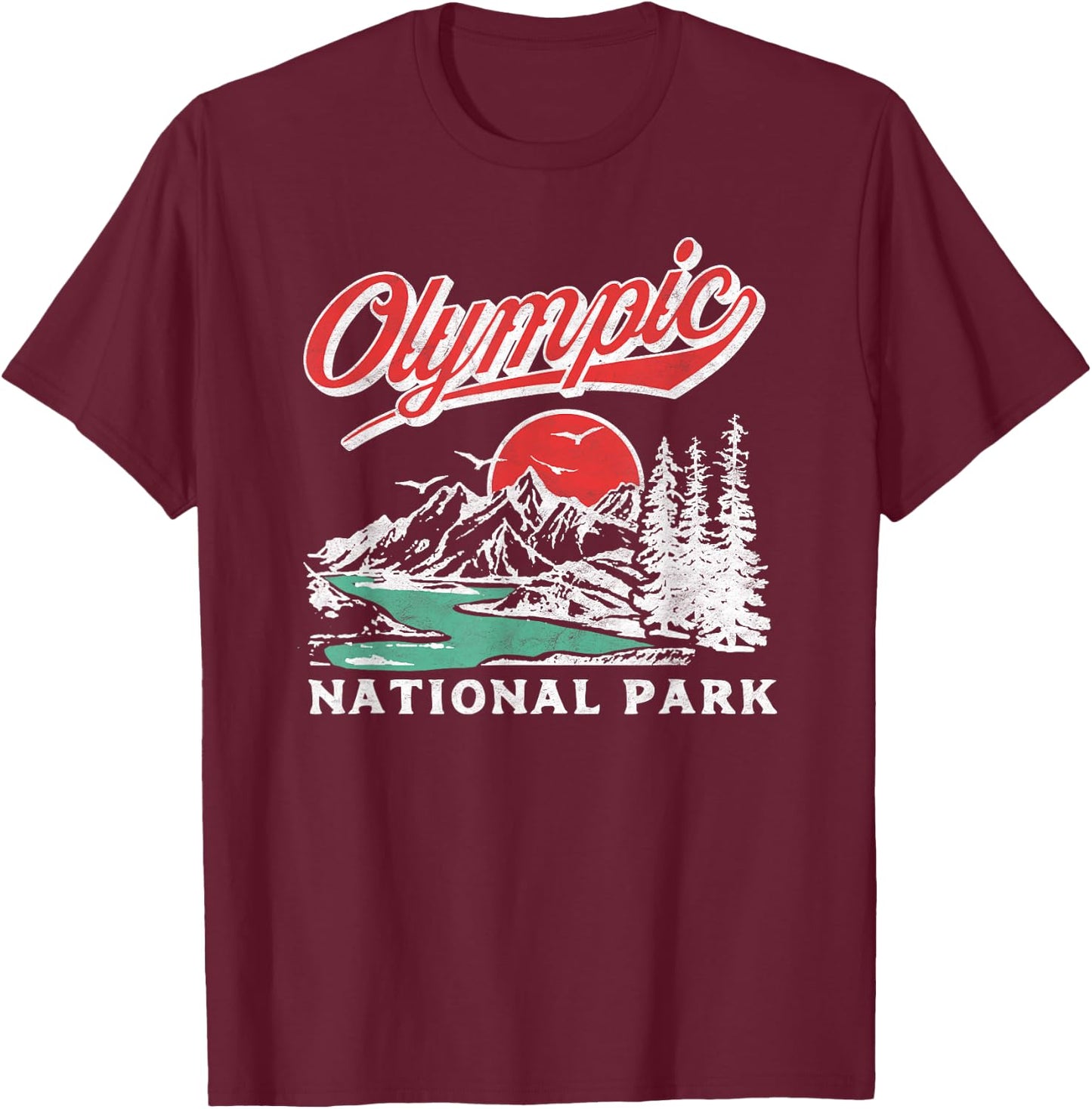 Olympic National Park Retro 80s Mountains Graphic T-Shirt - T-Shirt | Maroon