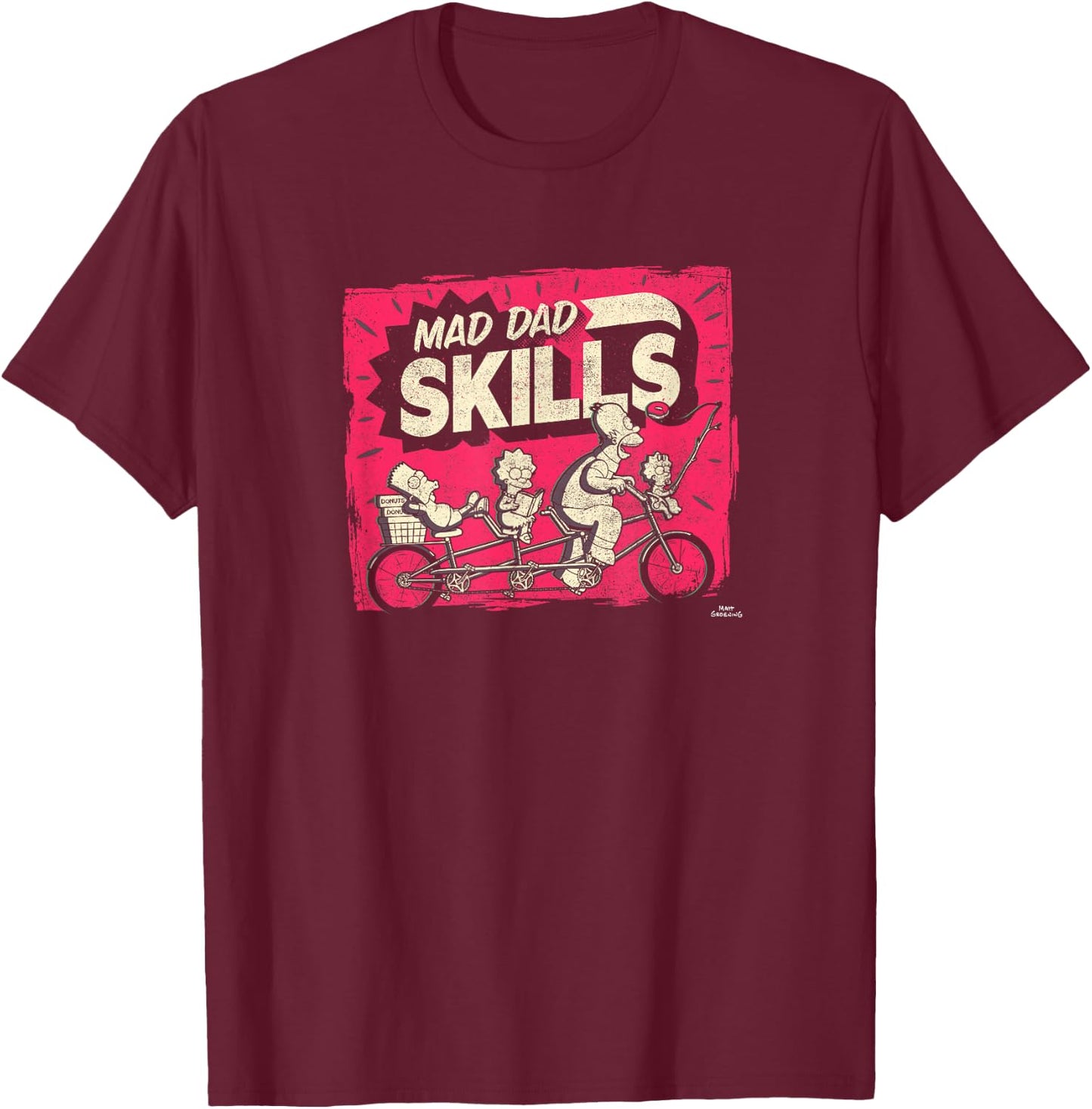The Simpsons Mad Dad Skills Family Tandem Bike Ride T-Shirt - T-Shirt | Maroon