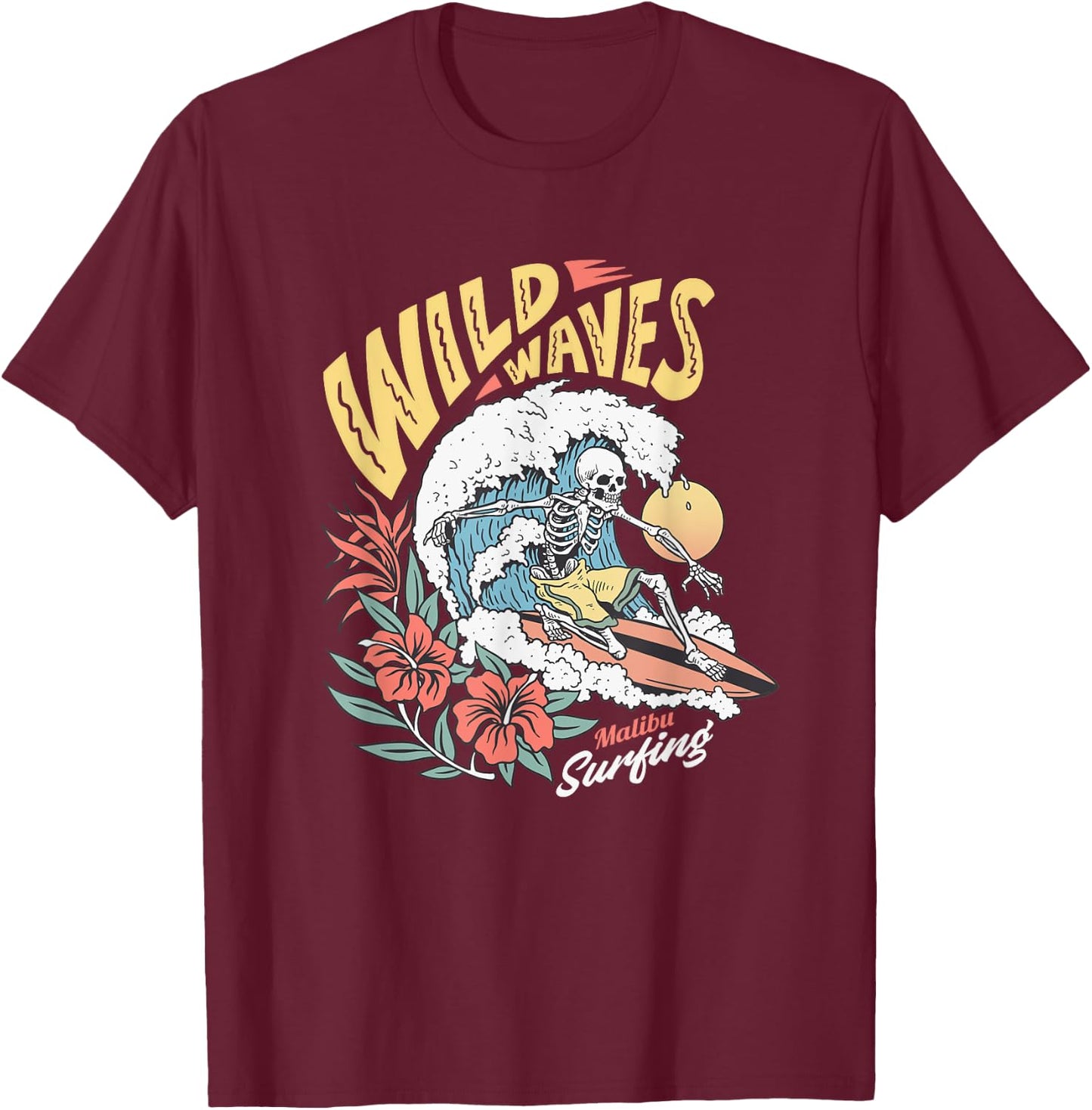 Funny Wild Waves Surfing Skeleton Malibu California Beach T-Shirt - T-Shirt | Maroon