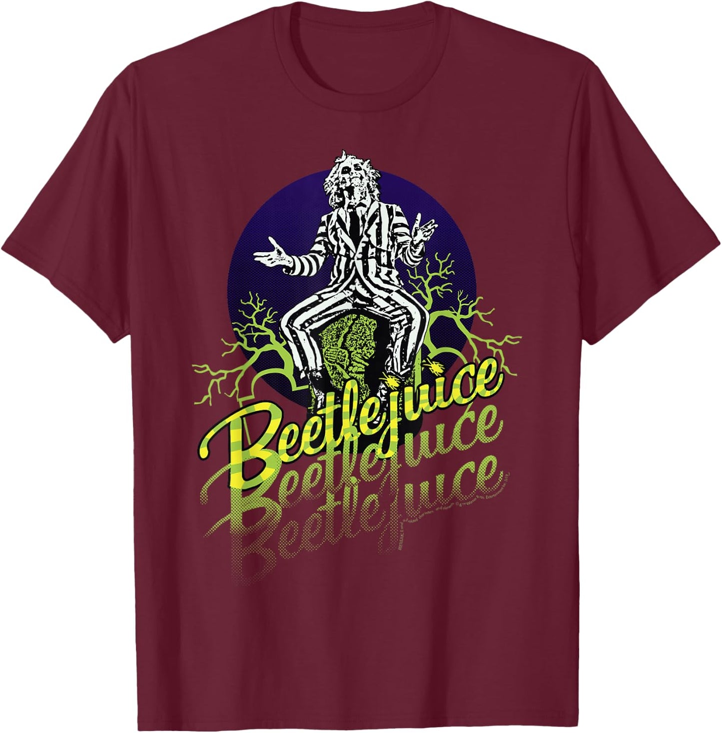Beetlejuice Three Times Text Portrait T-Shirt - T-Shirt | Maroon