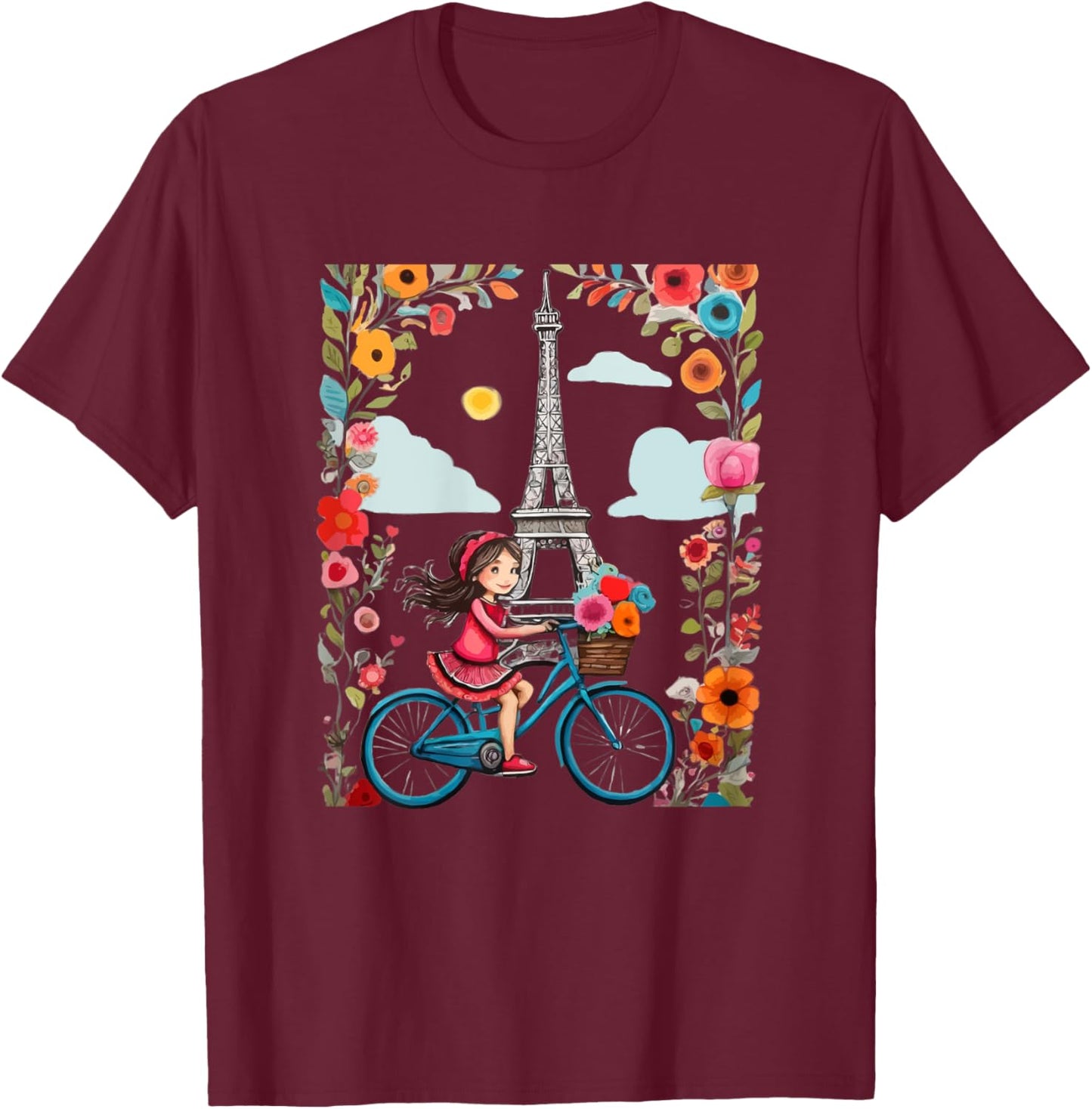 Girl on bicycle in Paris Eiffel Tower, Love Paris, French T-Shirt - T-Shirt | Maroon
