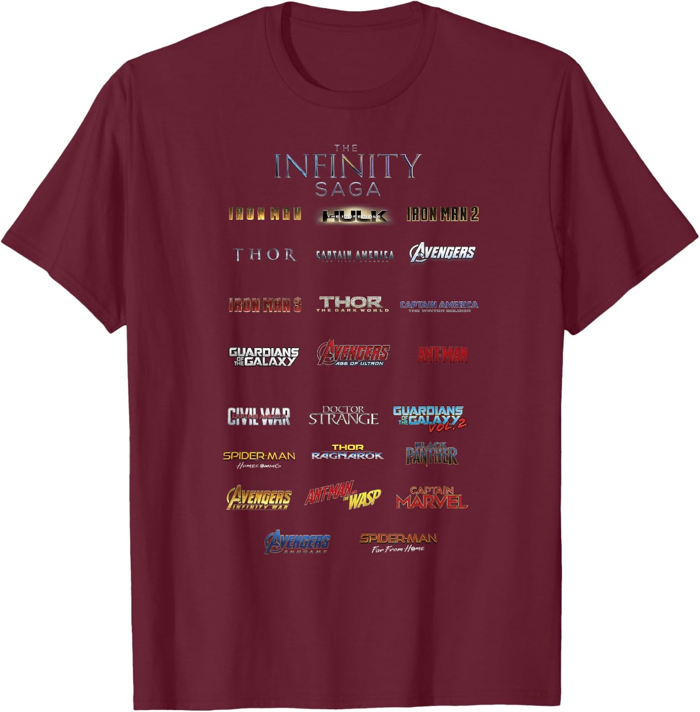 Marvel The Infinity Saga Film Logo Stack T-Shirt - T-Shirt | Maroon