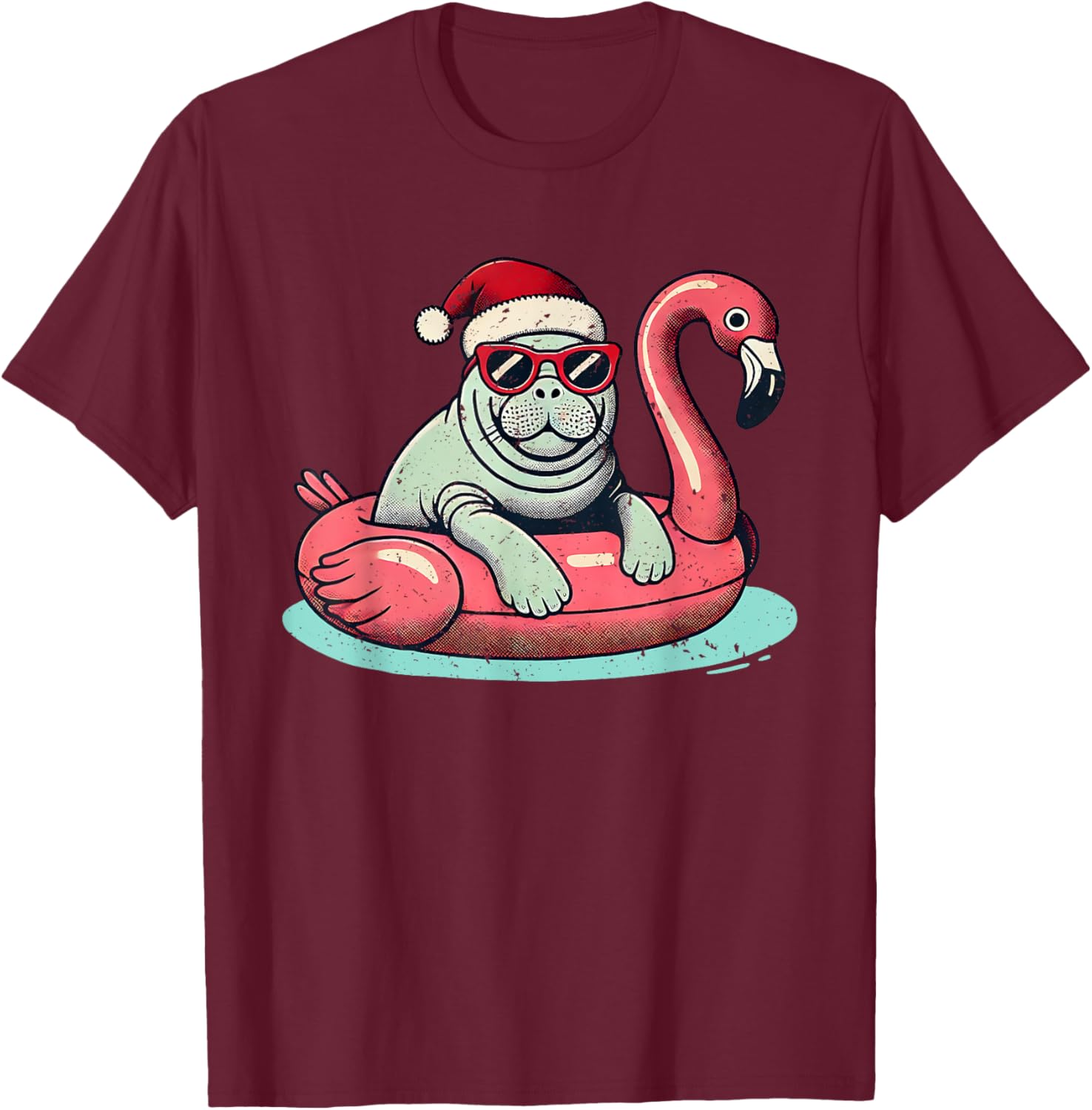 Funny Christmas in July Manatee Santa Flamingo Floatie T-Shirt - T-Shirt | Maroon