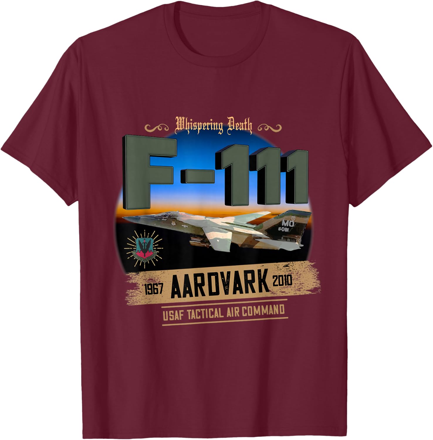 TSH Designs F-111 Aardvark Adult Black Cotton 100% Short Sleeve Classic Fit T-Shirt - T-Shirt | Maroon