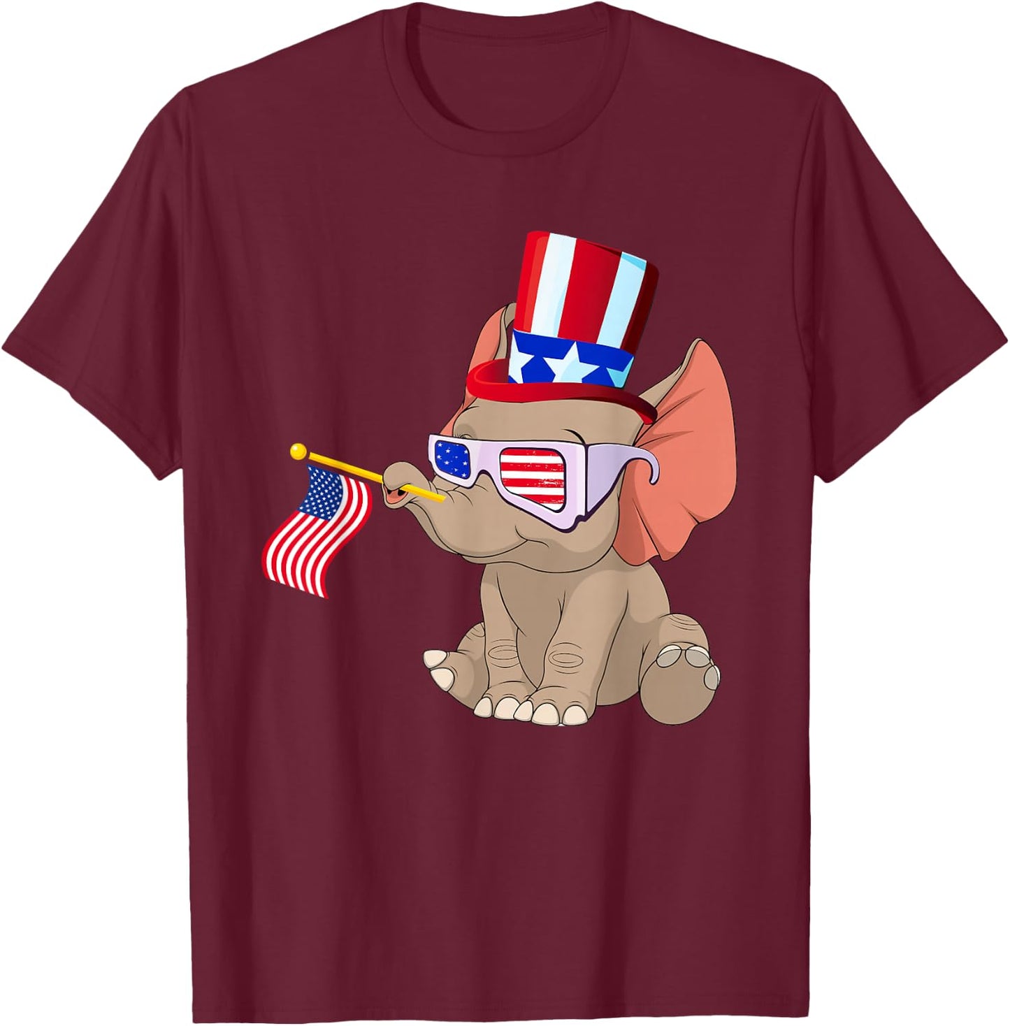 Patriotic Elephant Wearing American Flag Sunglasses 4th July Women Kids Men T-Shirt - T-Shirt | Maroon
