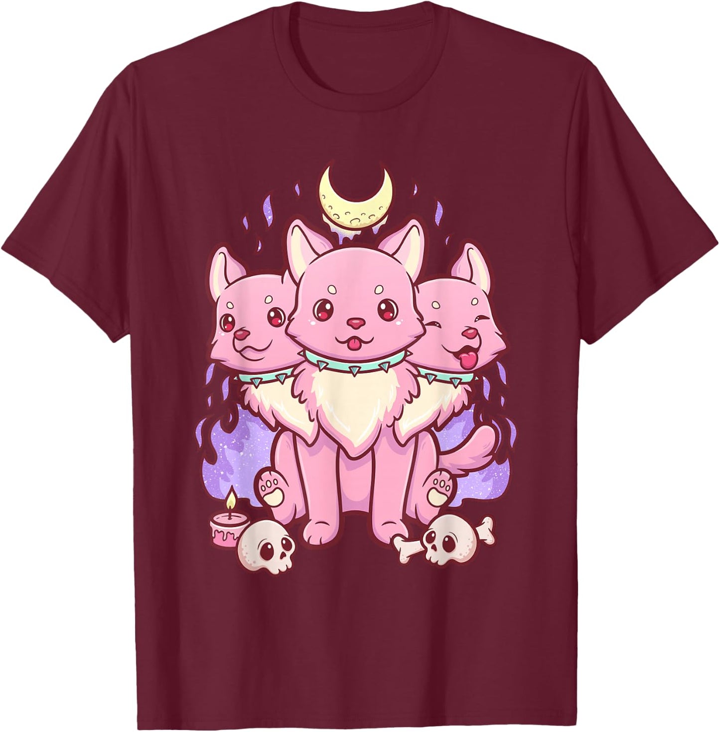 Kawaii Pastel Goth Cute Scary 3 Headed Dog T-Shirt - T-Shirt | Maroon
