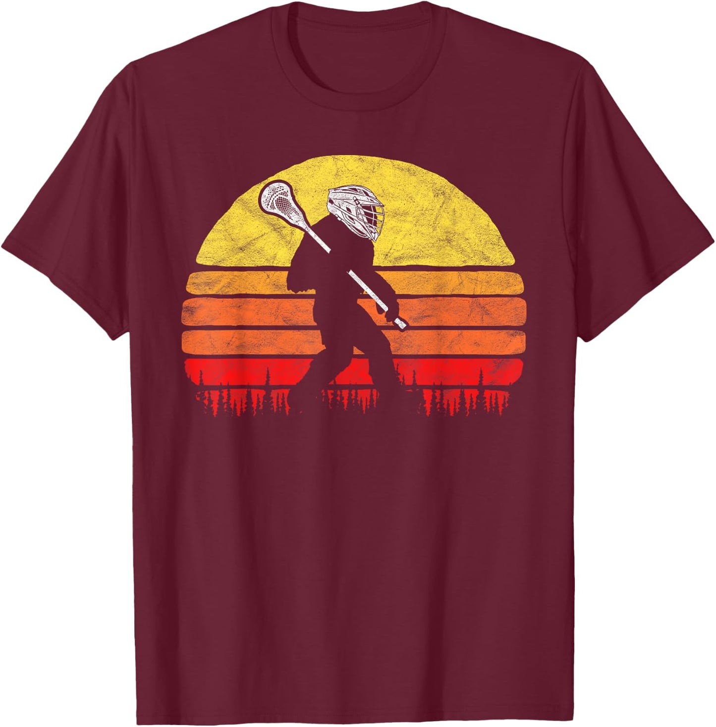 Funny Sasquatch Lax Bigfoot Lacrosse Vintage 80s Sunset T-Shirt - T-Shirt | Maroon