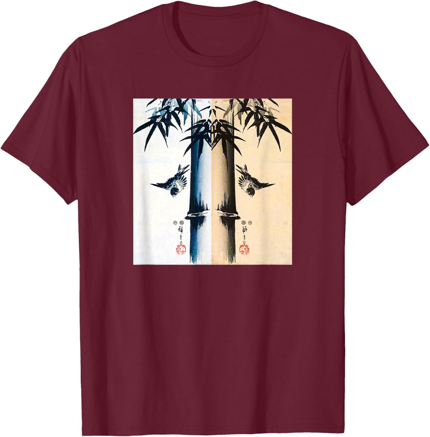 Japanese Bird and Bamboo Ancient Japanese Art Design T-Shirt - T-Shirt | Maroon