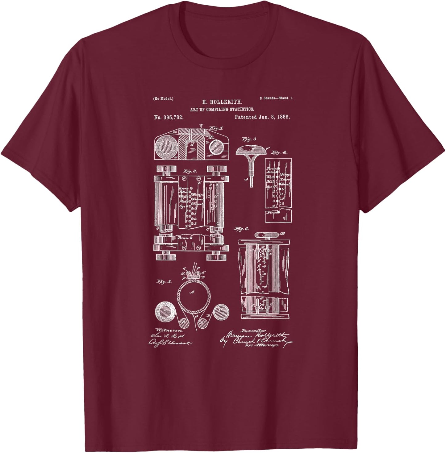 Vintage Patent Print 1889 First Computer Statistics Machine T-Shirt - T-Shirt | Maroon