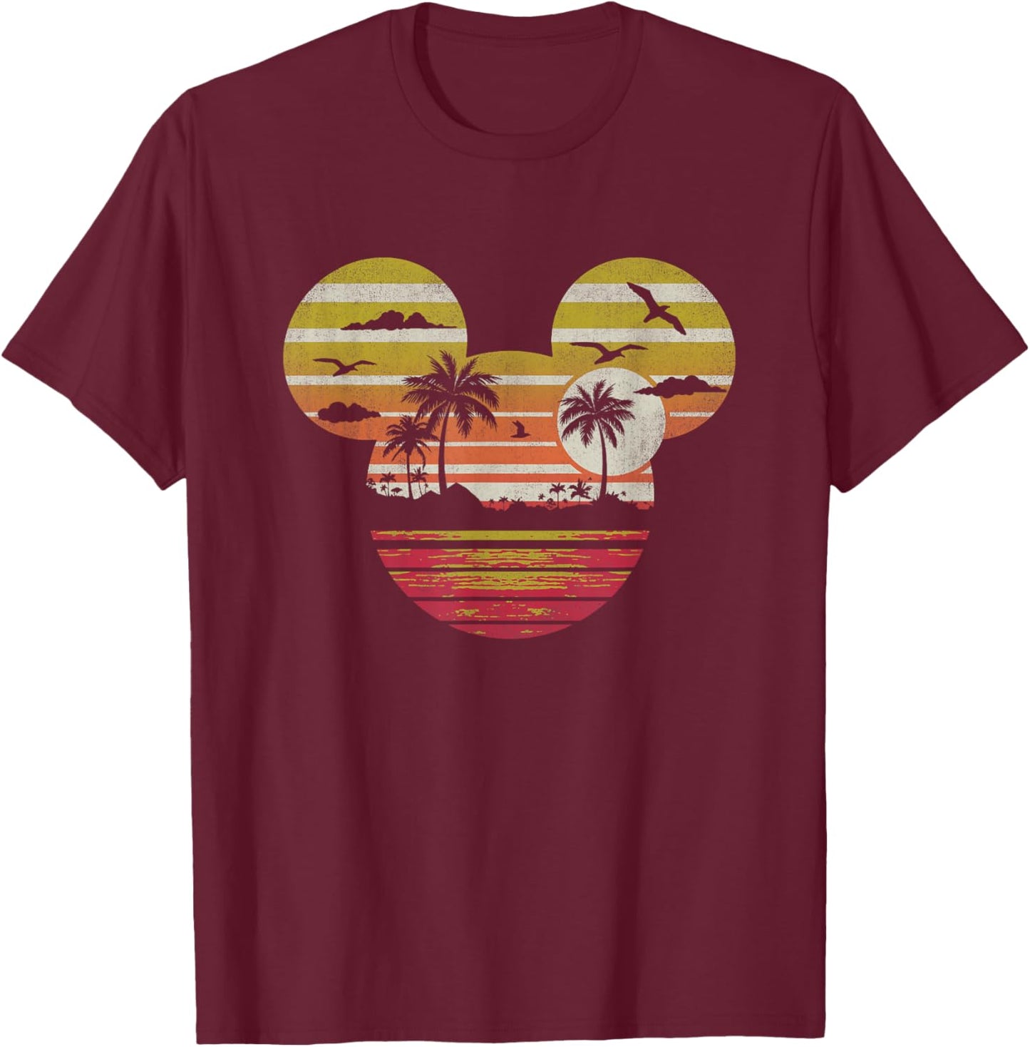 Disney Mickey and Friends Vintage Sunset Landscape Ears Logo T-Shirt - T-Shirt | Maroon