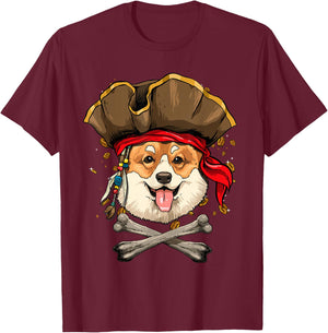 Corgi Pirate Dog Halloween Jolly Roger T-Shirt - T-Shirt | Maroon