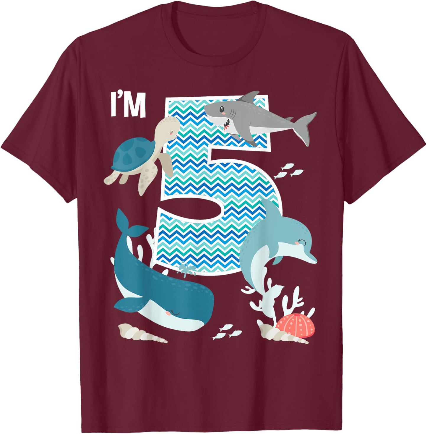 Kids 5 Year Old Ocean Life Whale Dolphin Shark 5th Birthday T-Shirt - T-Shirt | Maroon