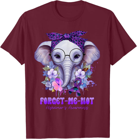 Forget Me Not Alzheimer's Awareness Elephant Flower T-Shirt - T-Shirt | Maroon