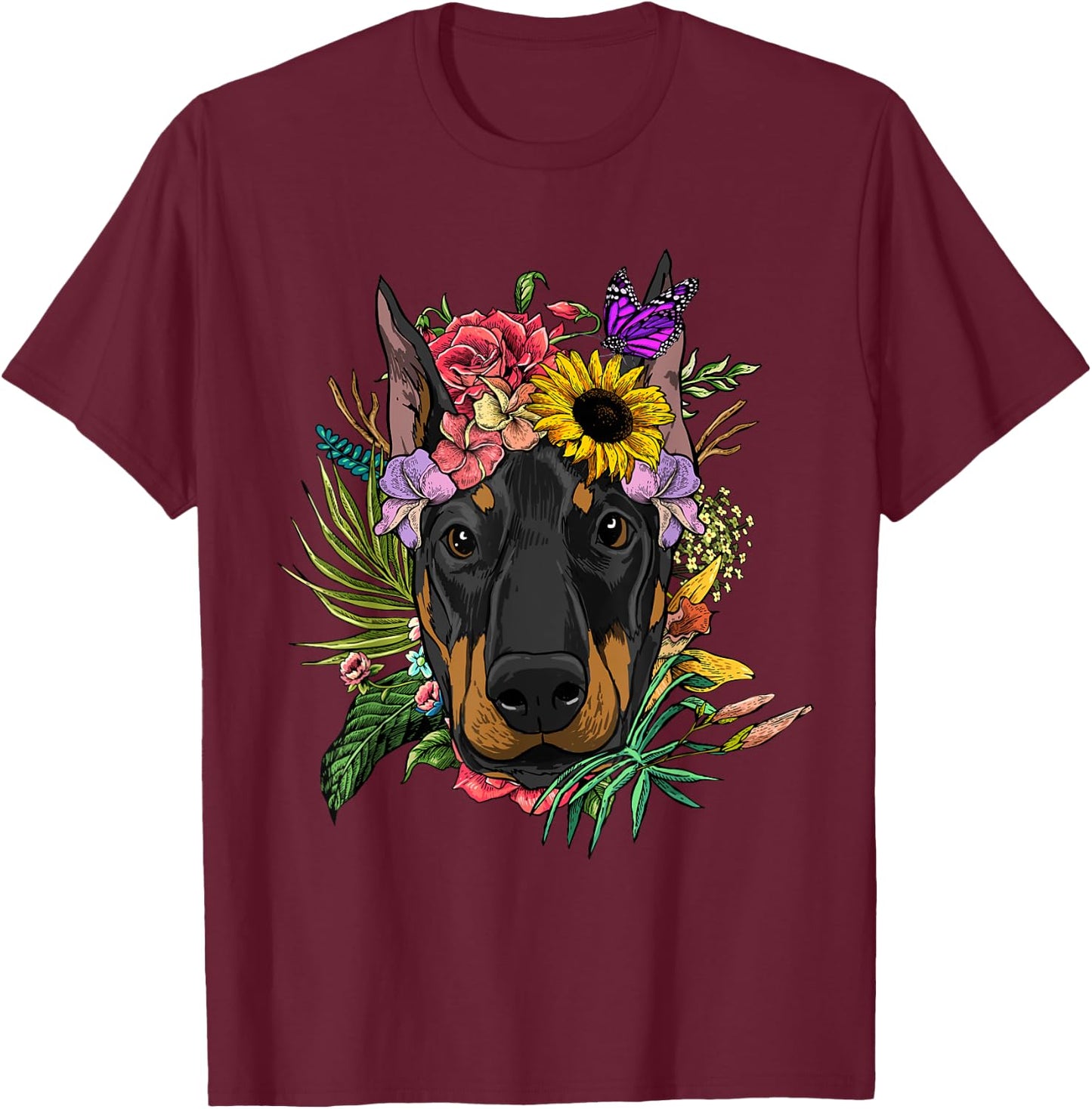 Doberman Shirt Floral Doberman Pinscher Dobie Pet Dog Lover T-Shirt - T-Shirt | Maroon