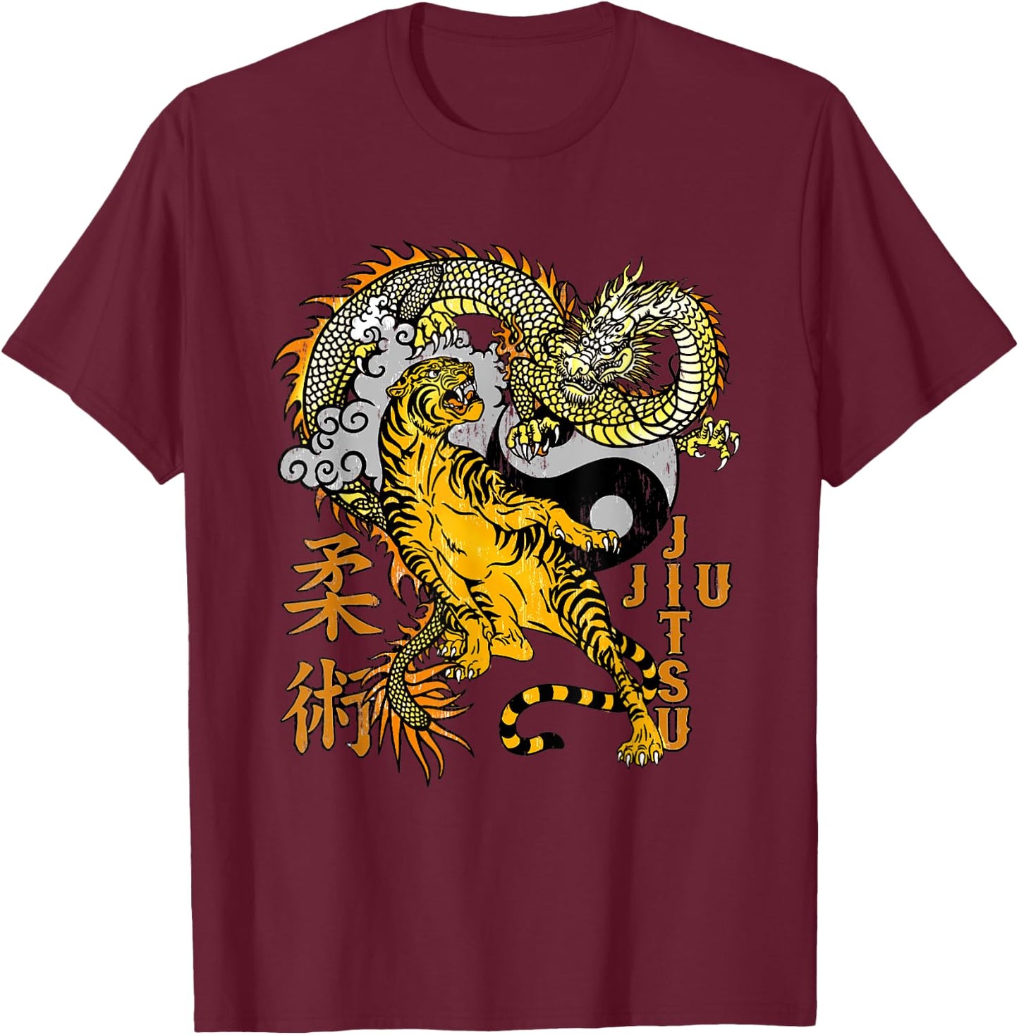 Jiu Jitsu Tiger Dragon Submission, Yin Yang BJJ MMA T-Shirt - T-Shirt | Maroon
