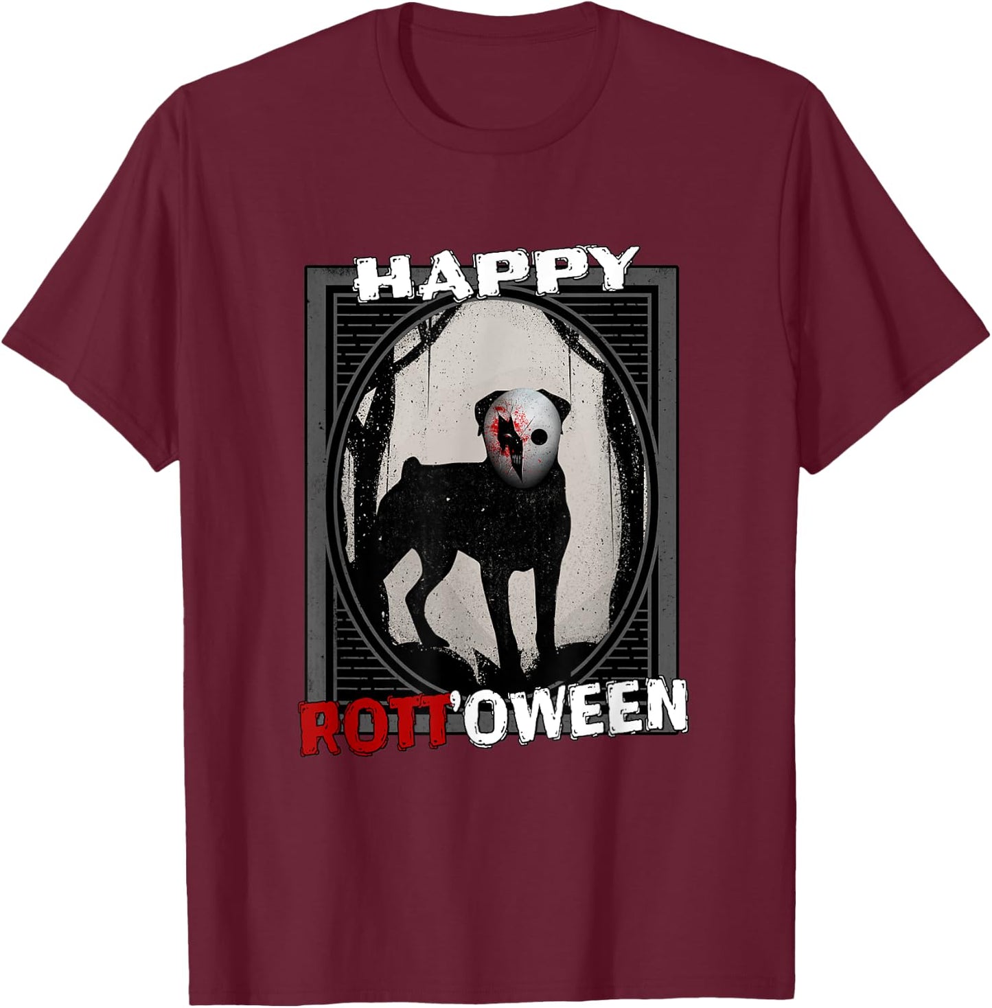 Happy Rott'oween - Rottweiler Scary Mask Halloween T-Shirt - T-Shirt | Maroon