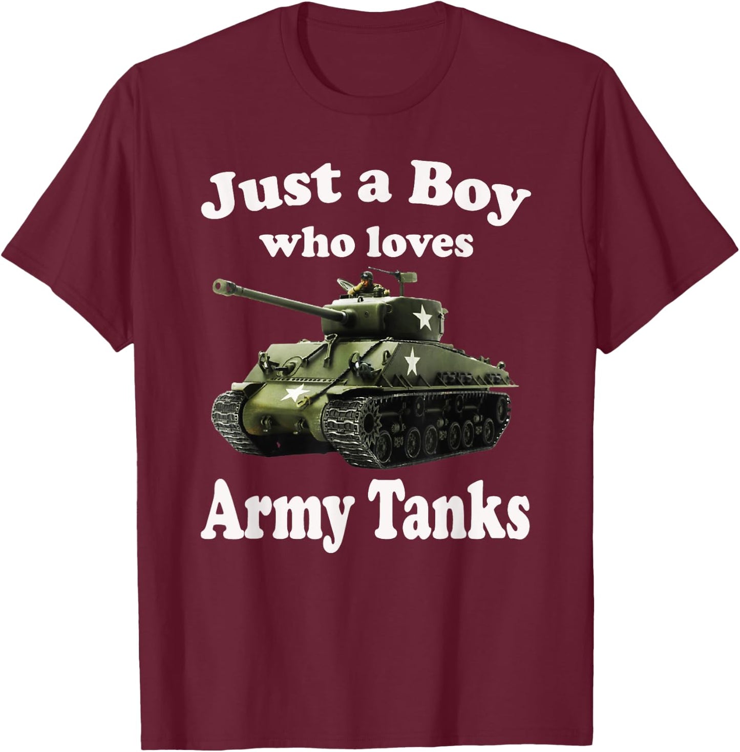 Just A Boy Who Loves Tanks & Sherman M4 American WW2 Tank T-Shirt - T-Shirt | Maroon