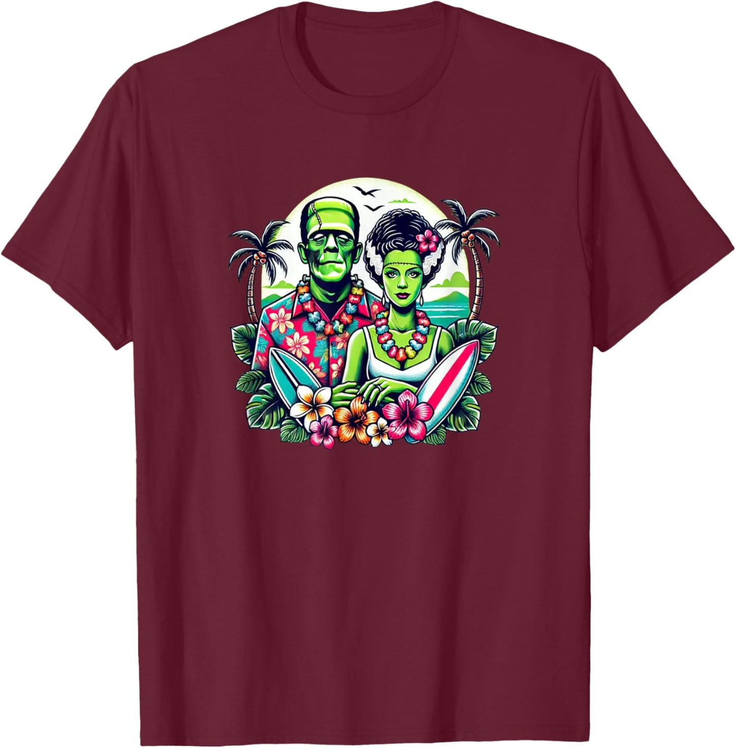 Frankenstein Monster and Bride Tropical Hawaiian Beach Women Girls Kids T-Shirt - T-Shirt | Maroon
