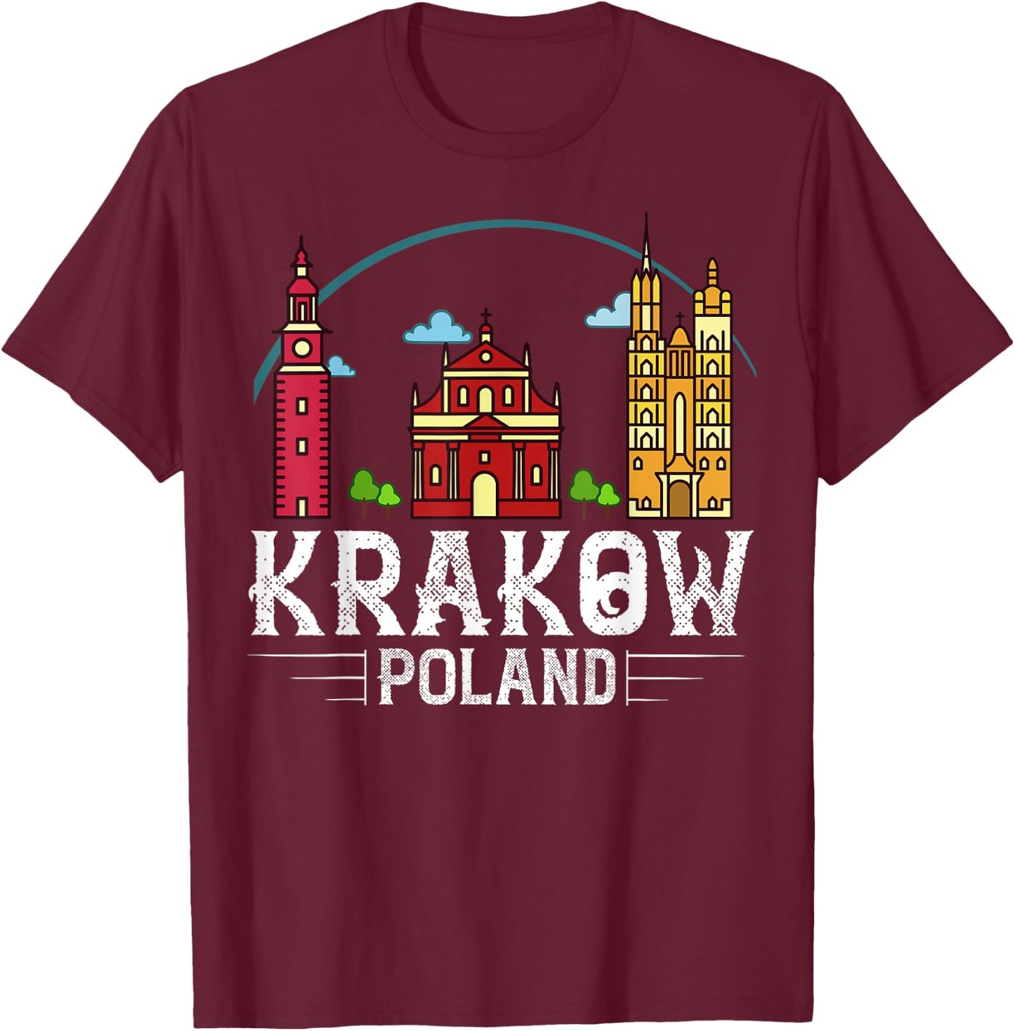 Krakow Poland City Skyline Map Travel T-Shirt - T-Shirt | Maroon