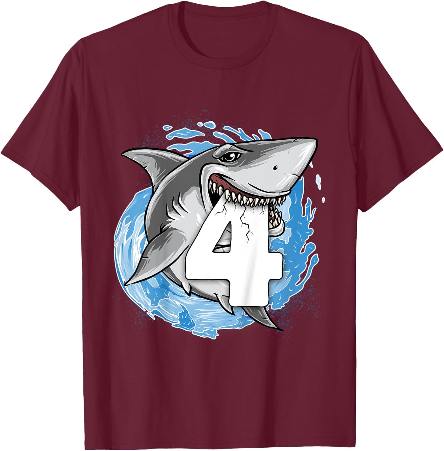 Kids Shark 4th Birthday Boy 4 year old Shark Theme Party 4 Shark T-Shirt - T-Shirt | Maroon