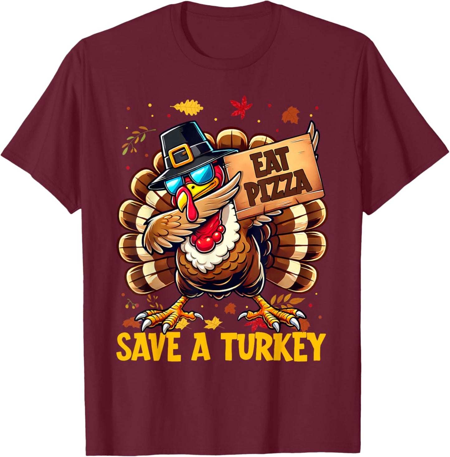 Funny Save A Turkey Eat Pizza Autumn Thanksgiving Groovy T-Shirt - T-Shirt | Maroon