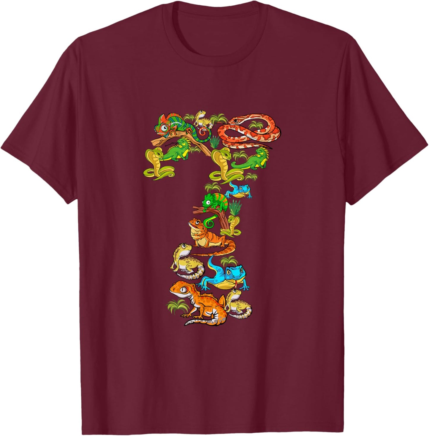 Kids 7th Birthday Reptiles Lizards Themed 7 Year Old Boys T-Shirt - T-Shirt | Maroon
