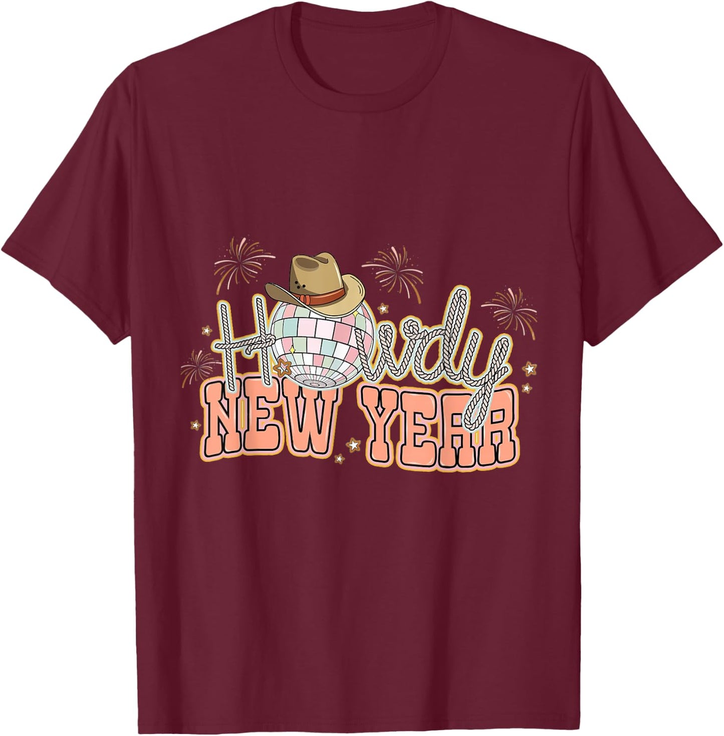 Howdy New Year 2024 Western Cowgirl Hat And Disco Balls T-Shirt - T-Shirt | Maroon